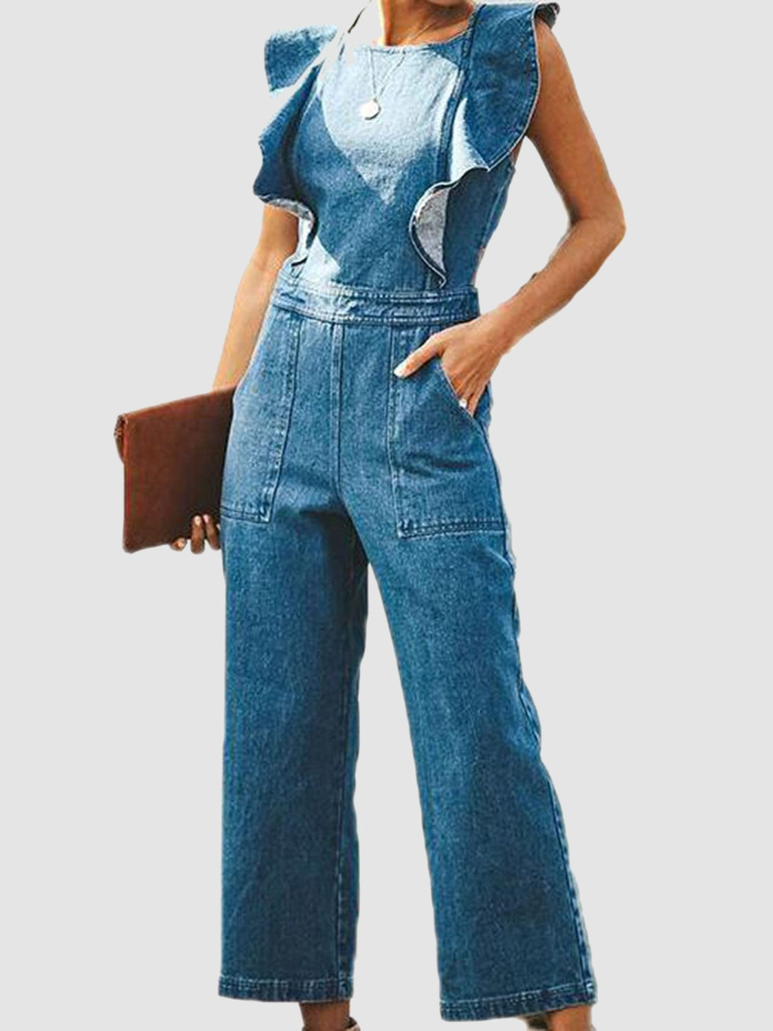 Ruffled Sleeveless Denim Jumpsuit in Medium Wash by Yolan House
