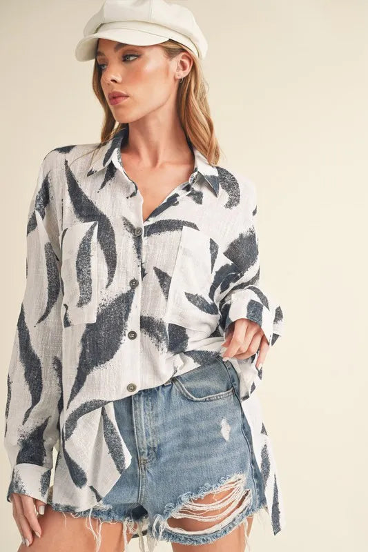 High-Low Printed Button-Up Shirt in White