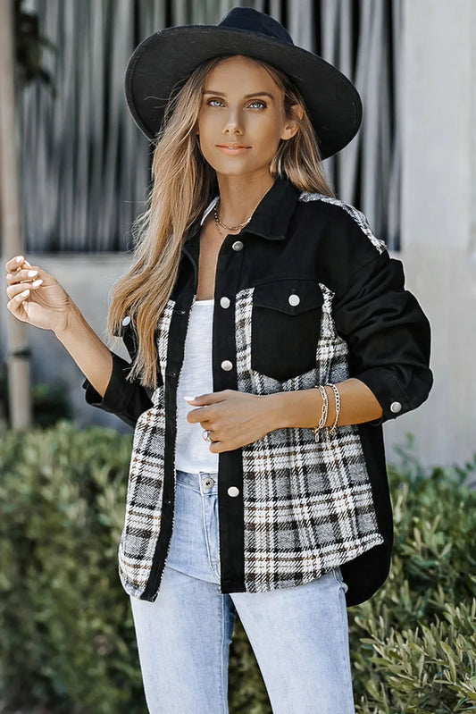 Plaid Button-Up Denim Jacket