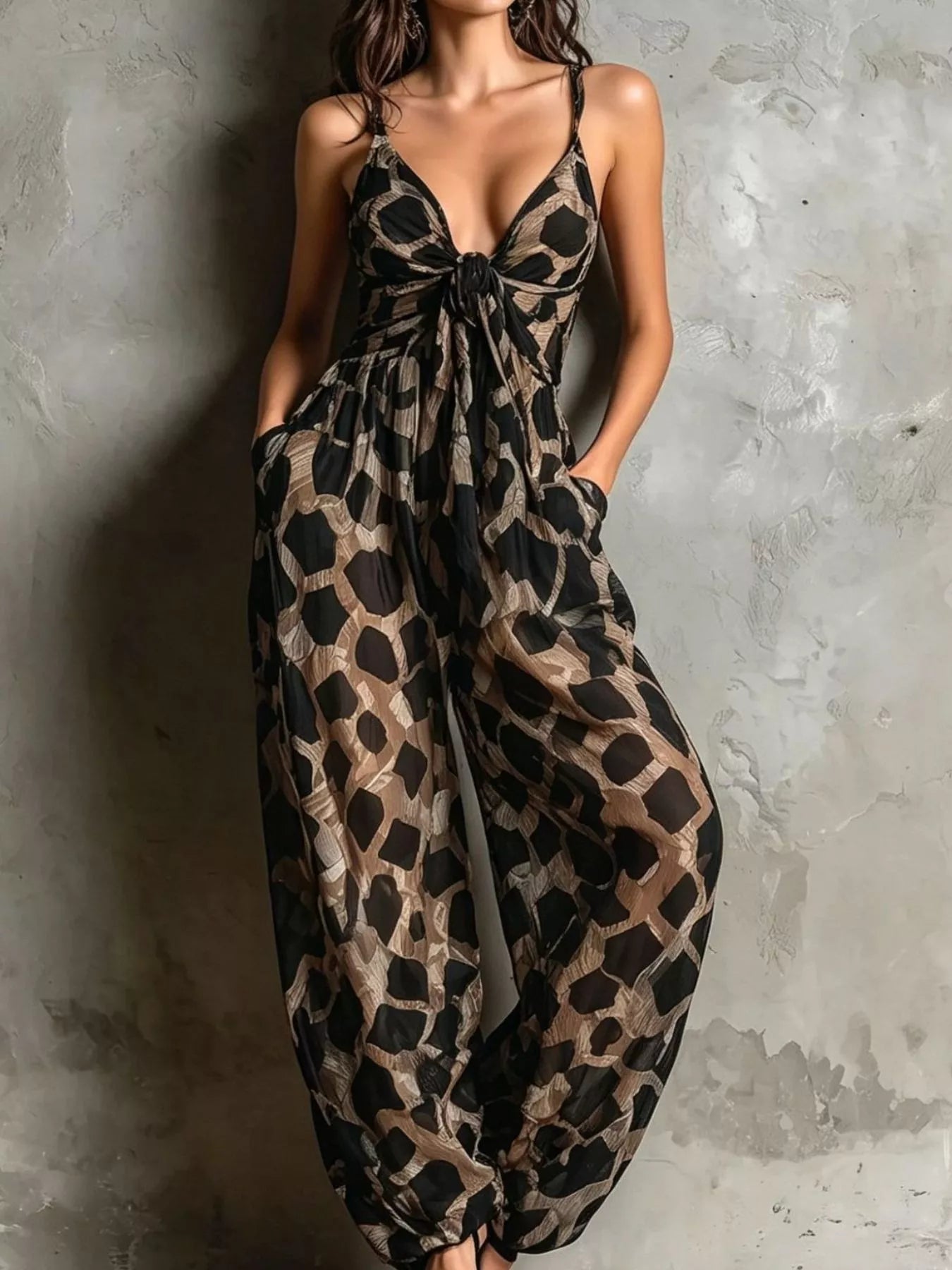 Geometric Print Wide-Leg Jumpsuit in Leopard