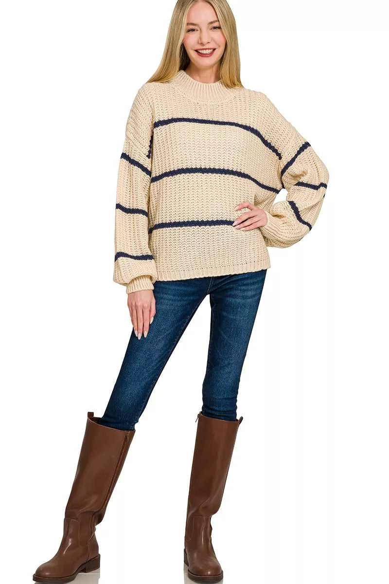 Zenana Oversized Striped Sweater in Taupe