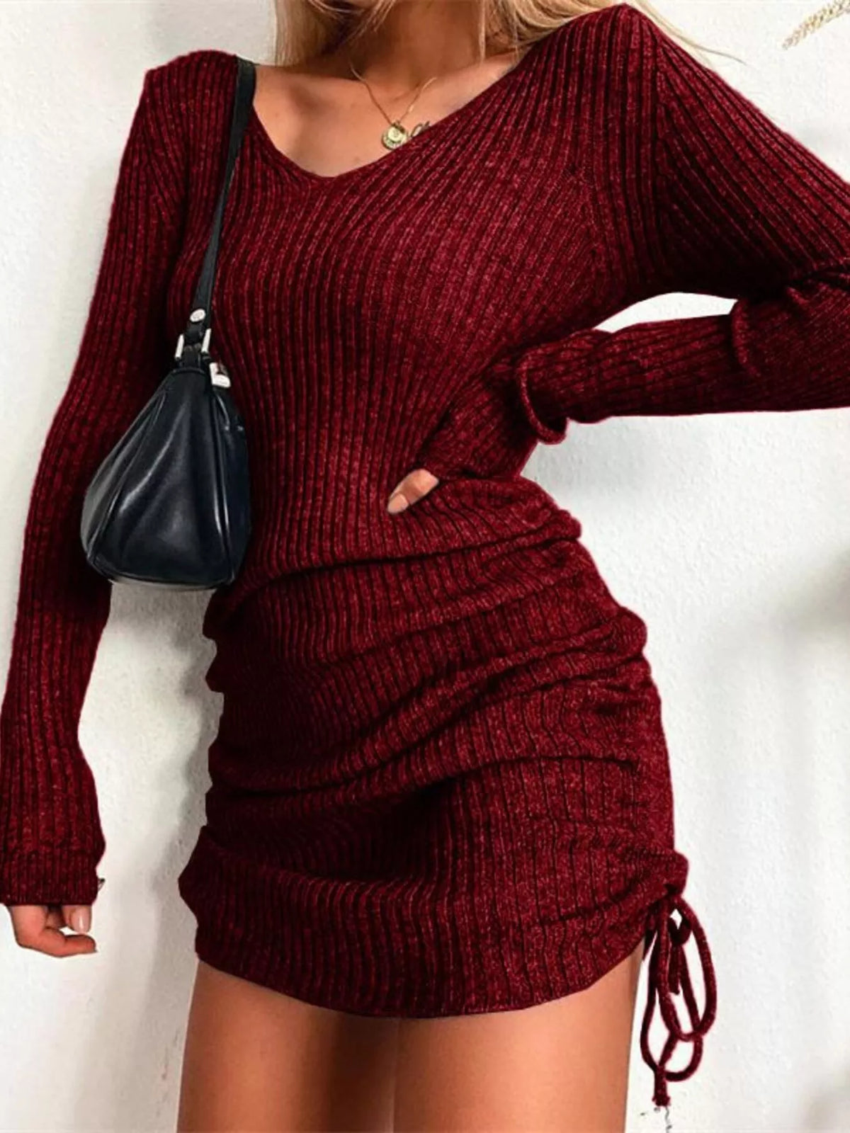 Ribbed Knit Drawstring Bodycon Sweater Dress