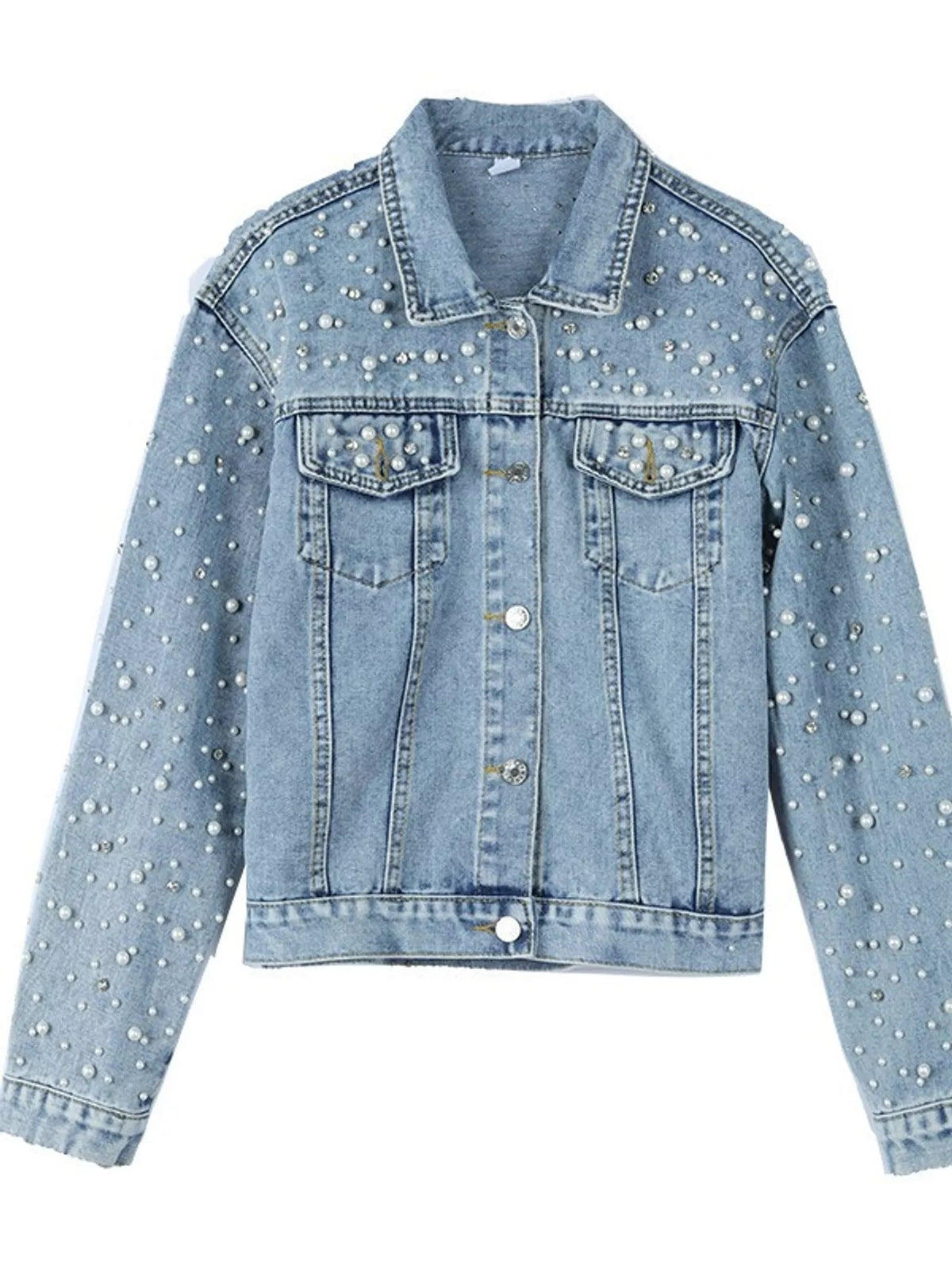 Pearl Detail Button-Up Denim Jacket