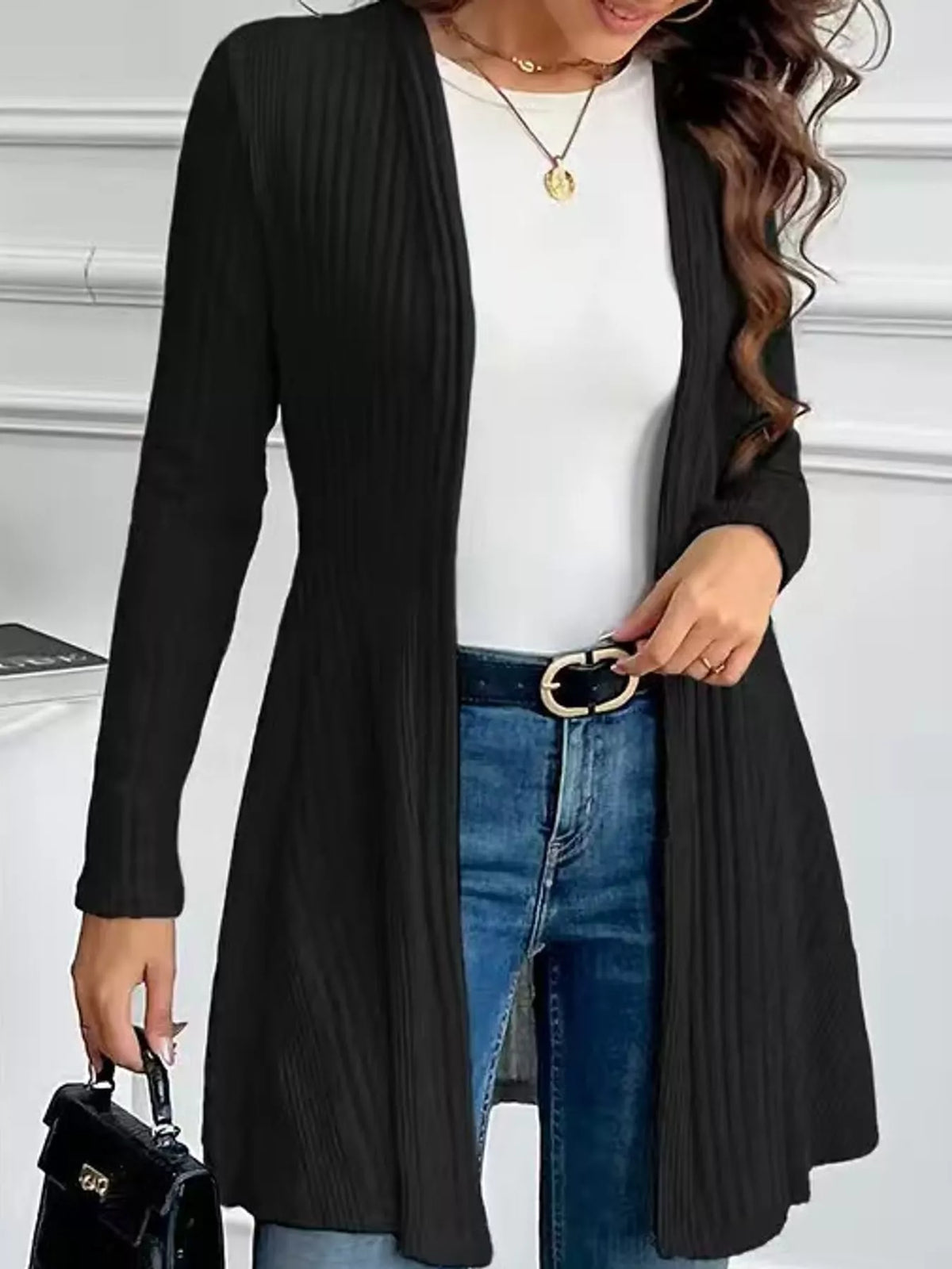 Ribbed Knit Open-Front Cardigan