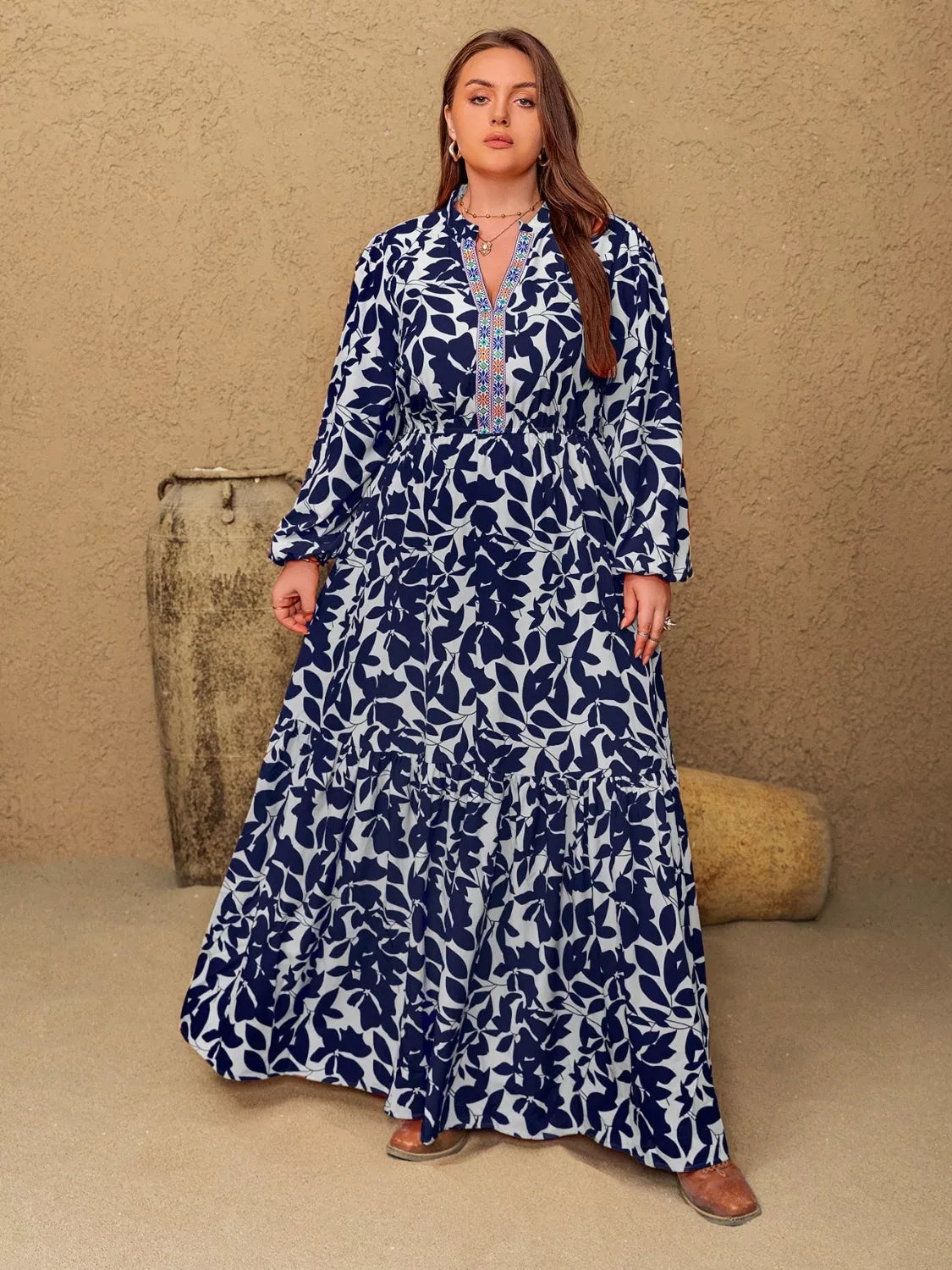 Notched Floral Long Sleeve Maxi Dress in Indigo