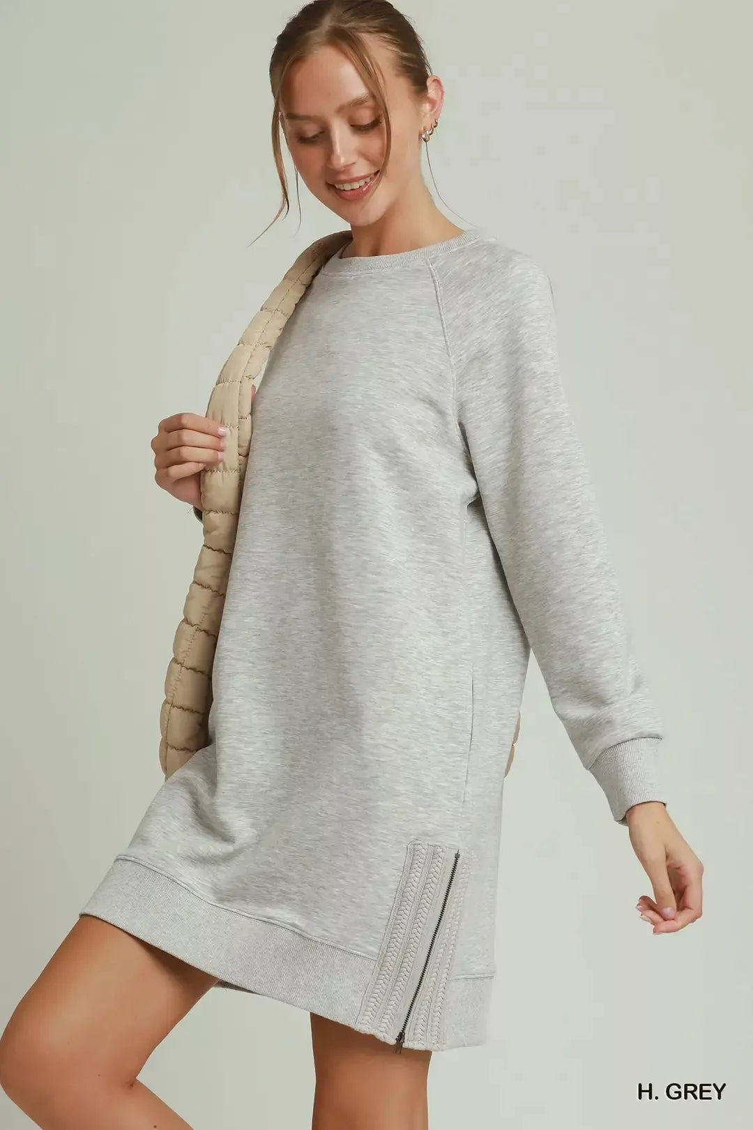 Umgee Side Crochet Zipper Detail Dress in Heather Grey in H. grey