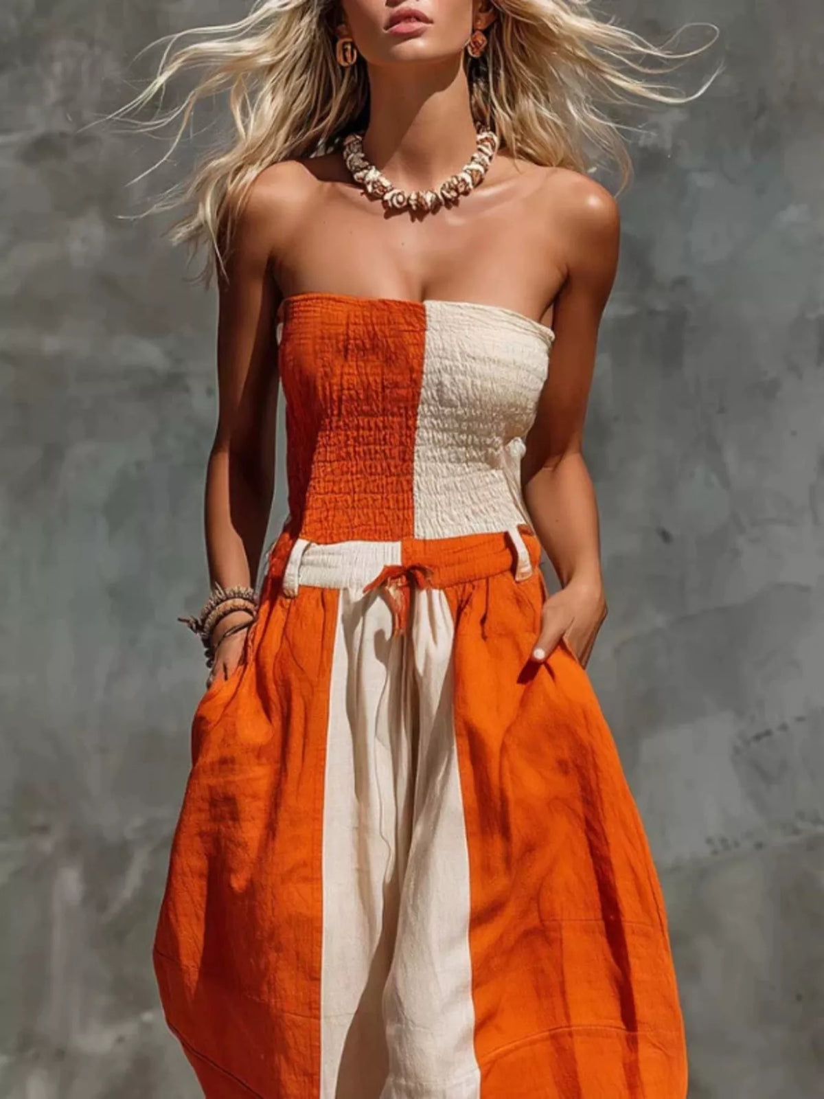 Color-Block Strapless Smocked Jumpsuit in Orange