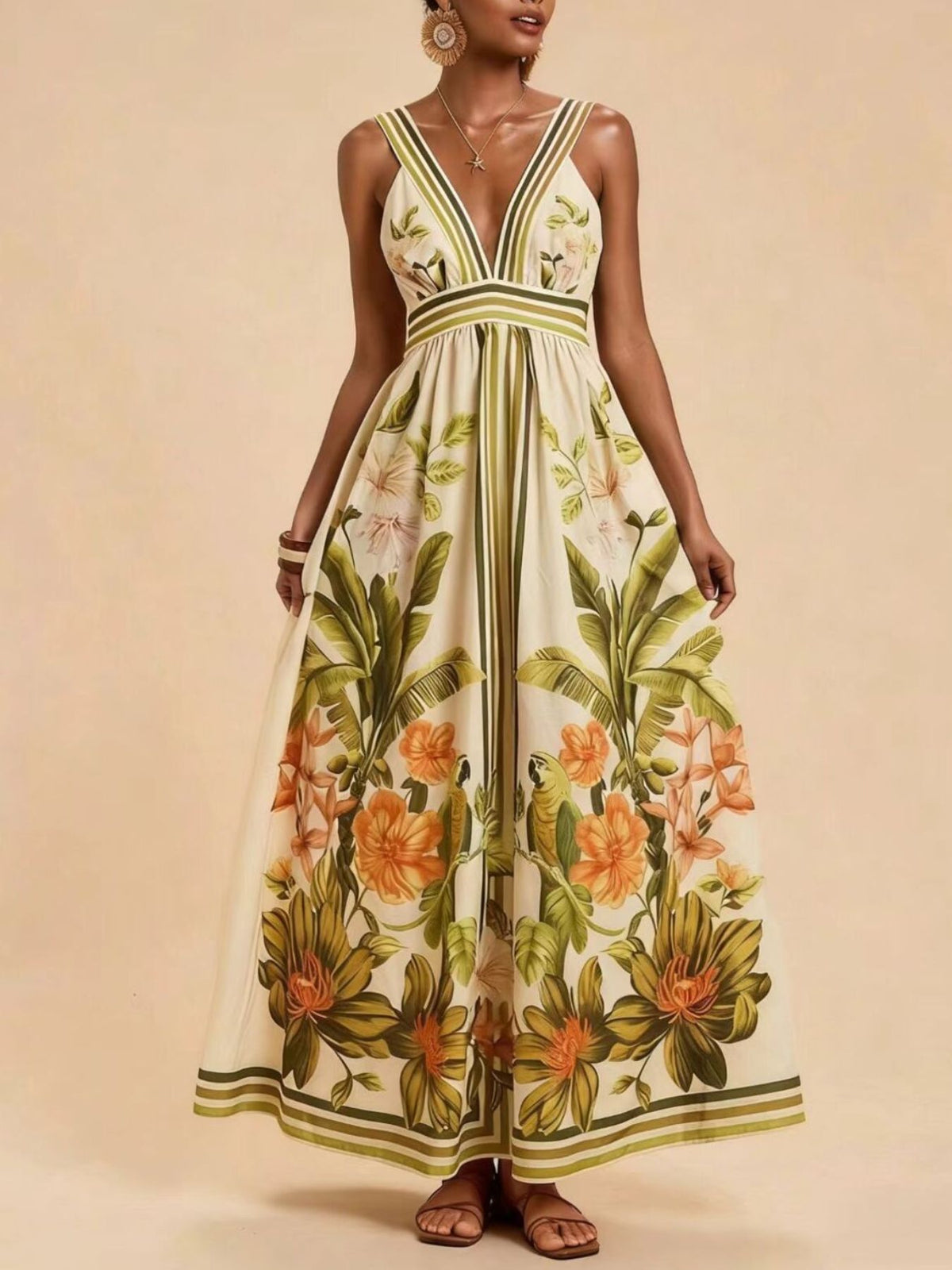Tropical Print V-Neck Maxi Dress in Sage