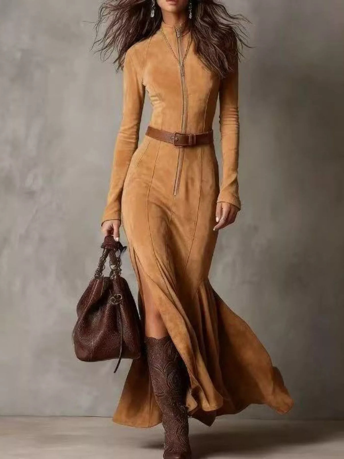 Zip-Front Long Sleeve Slit Maxi Dress