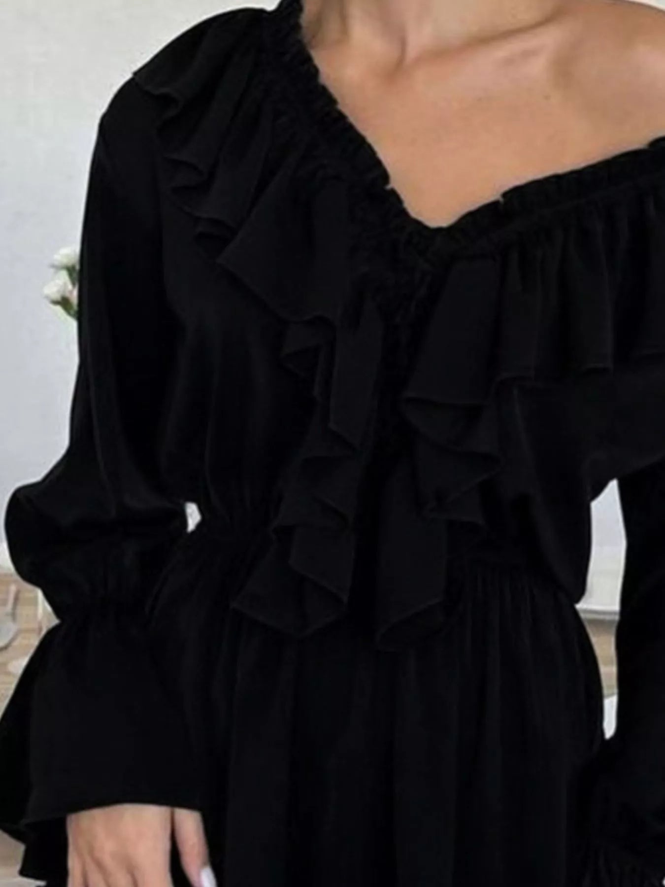 Ruffled V-Neck Long-Sleeve Mini Dress