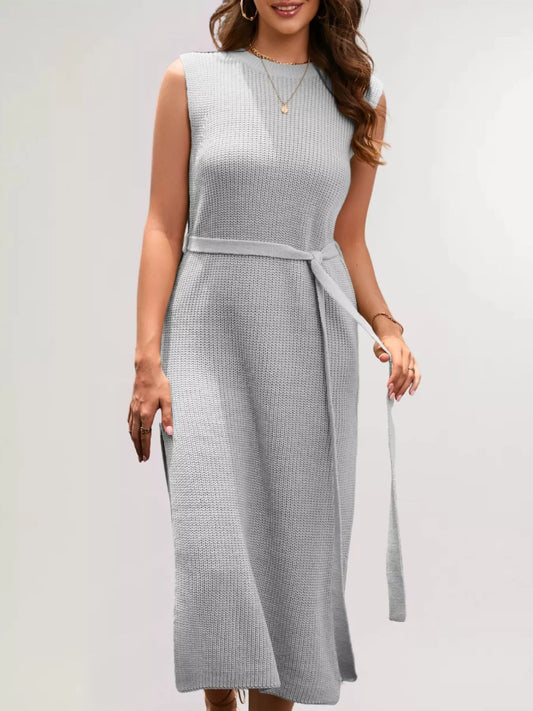Side Slit Sleeveless Ribbed Knit Midi Dress
