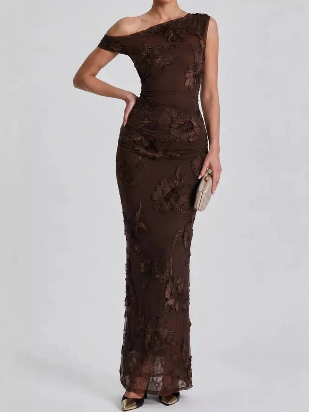 One-Shoulder Embroidered Maxi Dress
