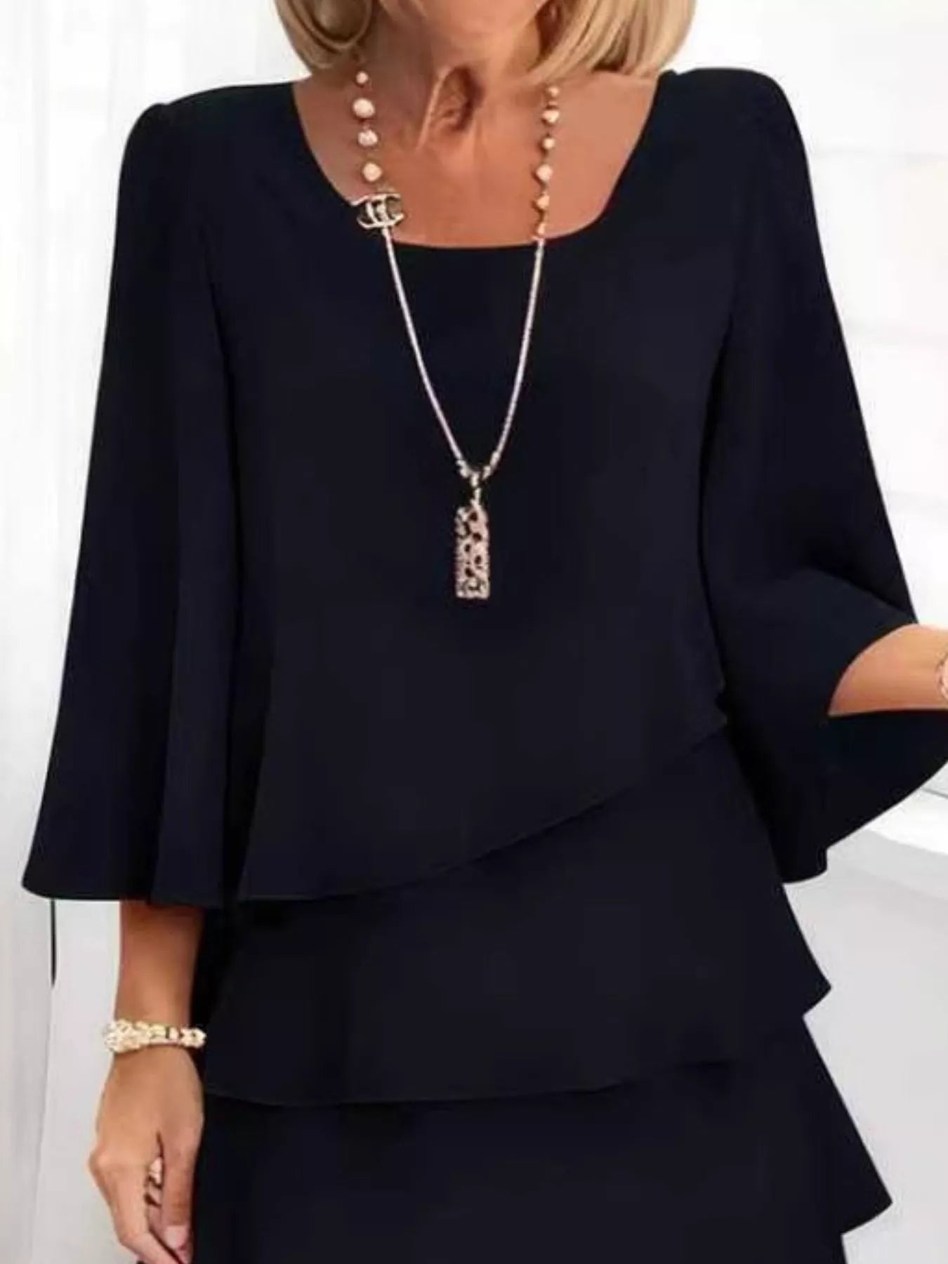 Ruffled Layered 3/4-Sleeve Dress, Plus Size