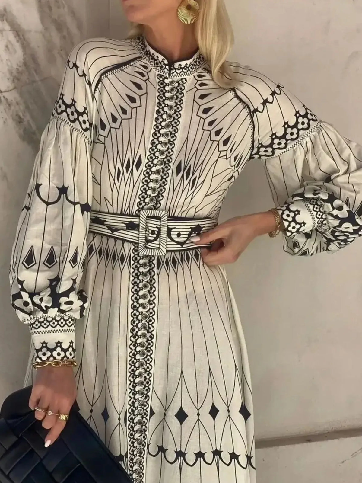 Printed Long Sleeve Shirt Dress in Beige