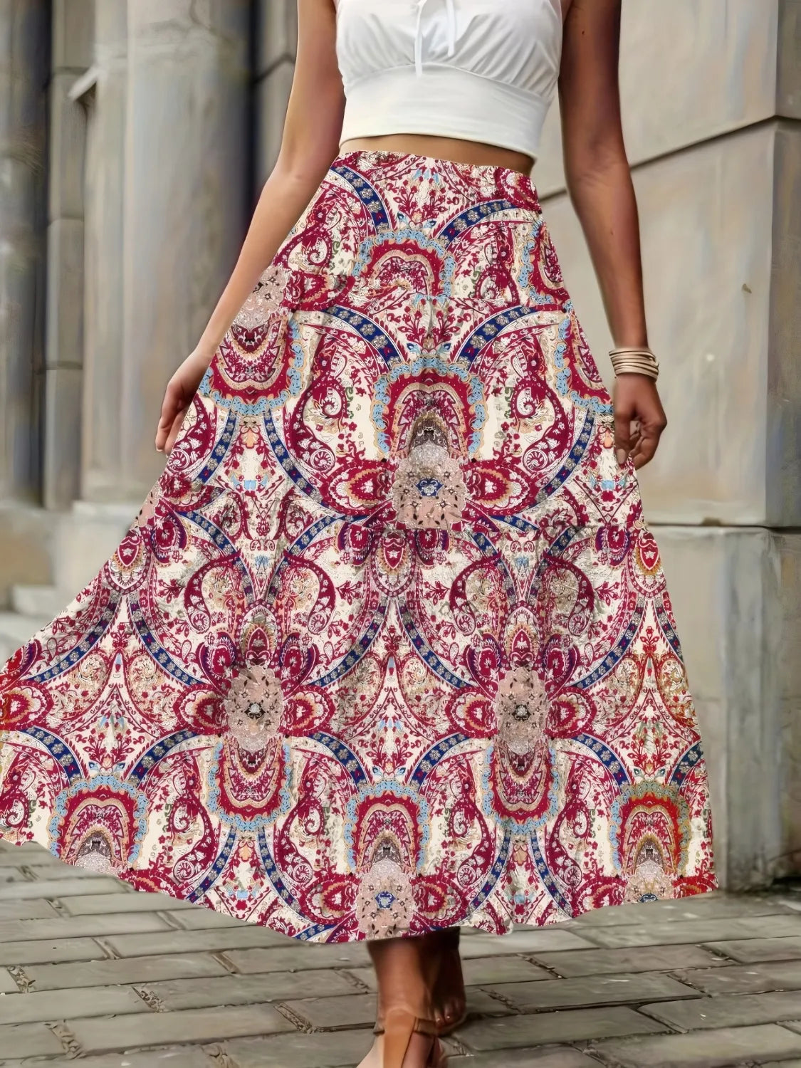 Smocked Printed High-Waisted Skirt