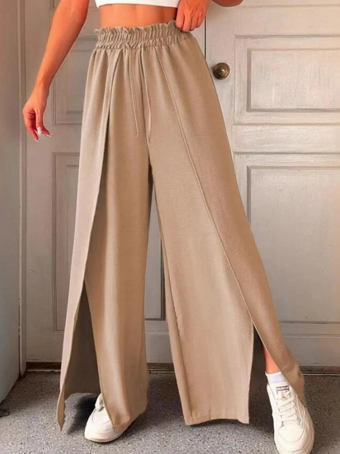 Frilled Slit Wide-Leg Pants