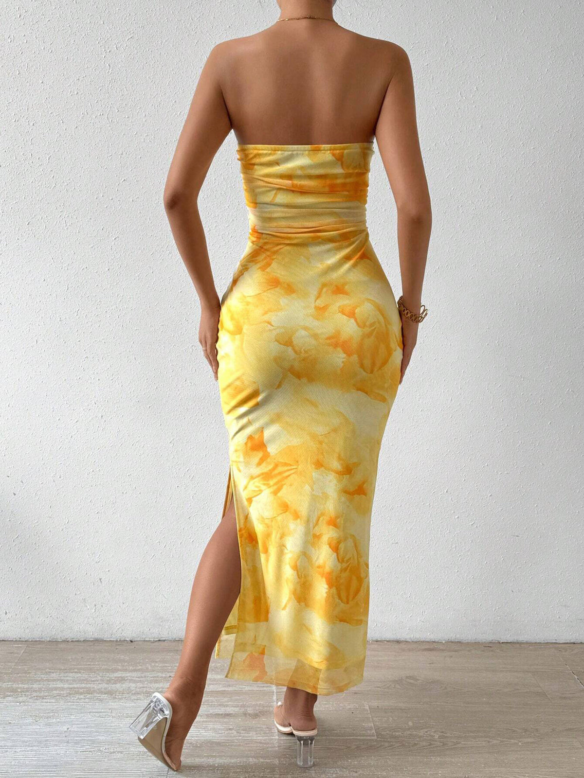 Ruched Strapless Bodycon Midi Dress in Yellow