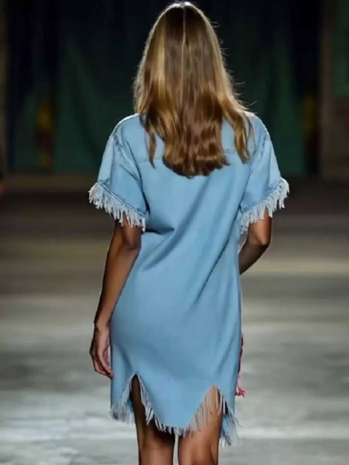 Fringed Short Sleeve Denim Shirt Dress in Light Blue