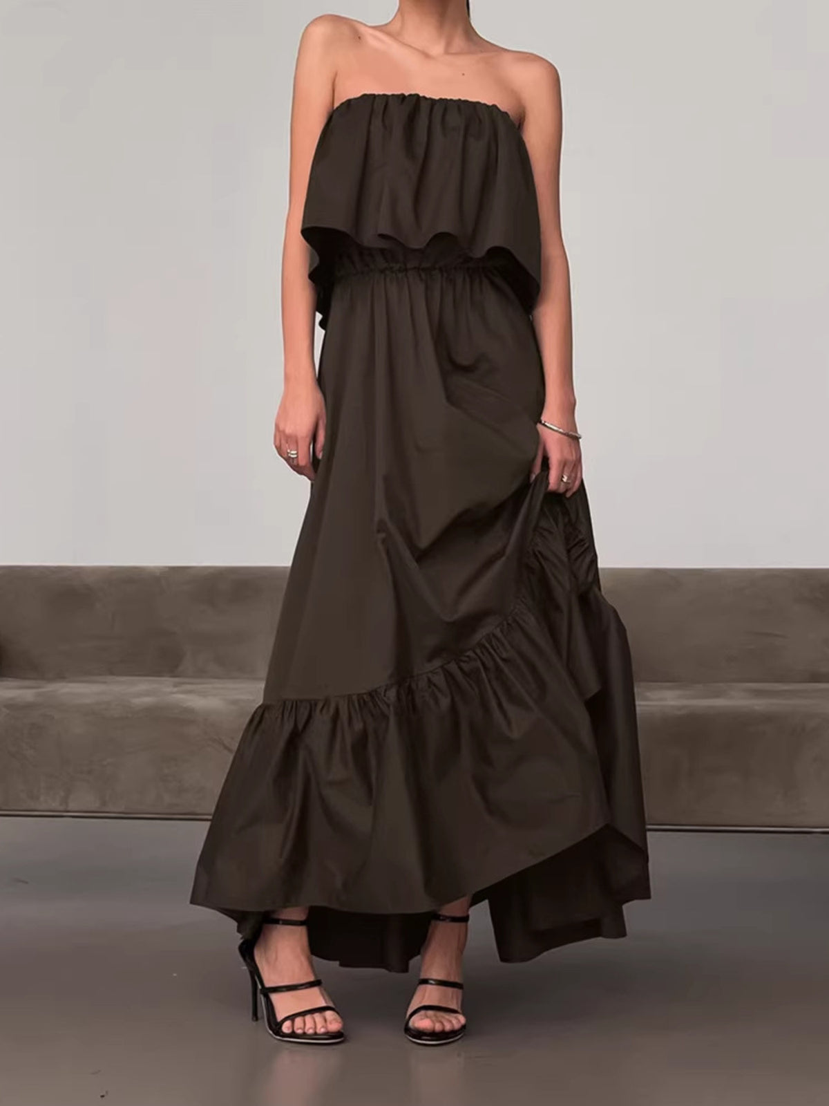 Off-Shoulder Tiered Maxi Dress in Chocolate