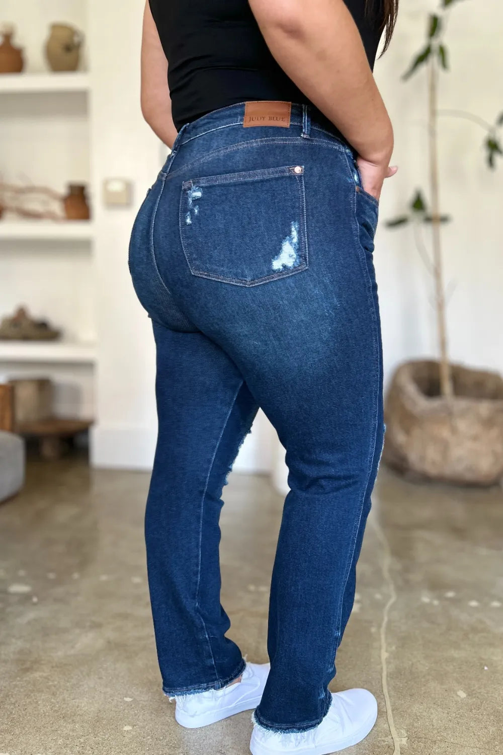 Judy Blue High Waist Heavy Destroy Straight Jeans in Dark