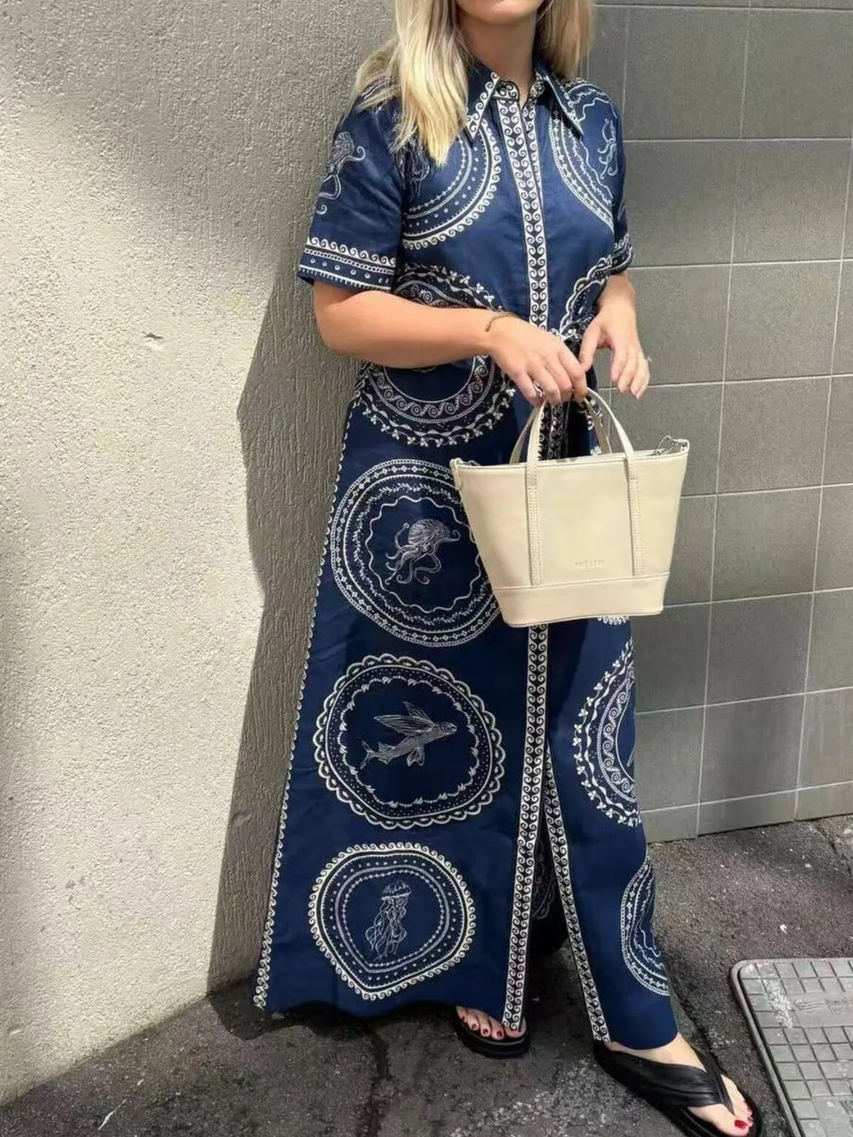 Printed Button-Front Maxi Shirt Dress with Belt in Blue
