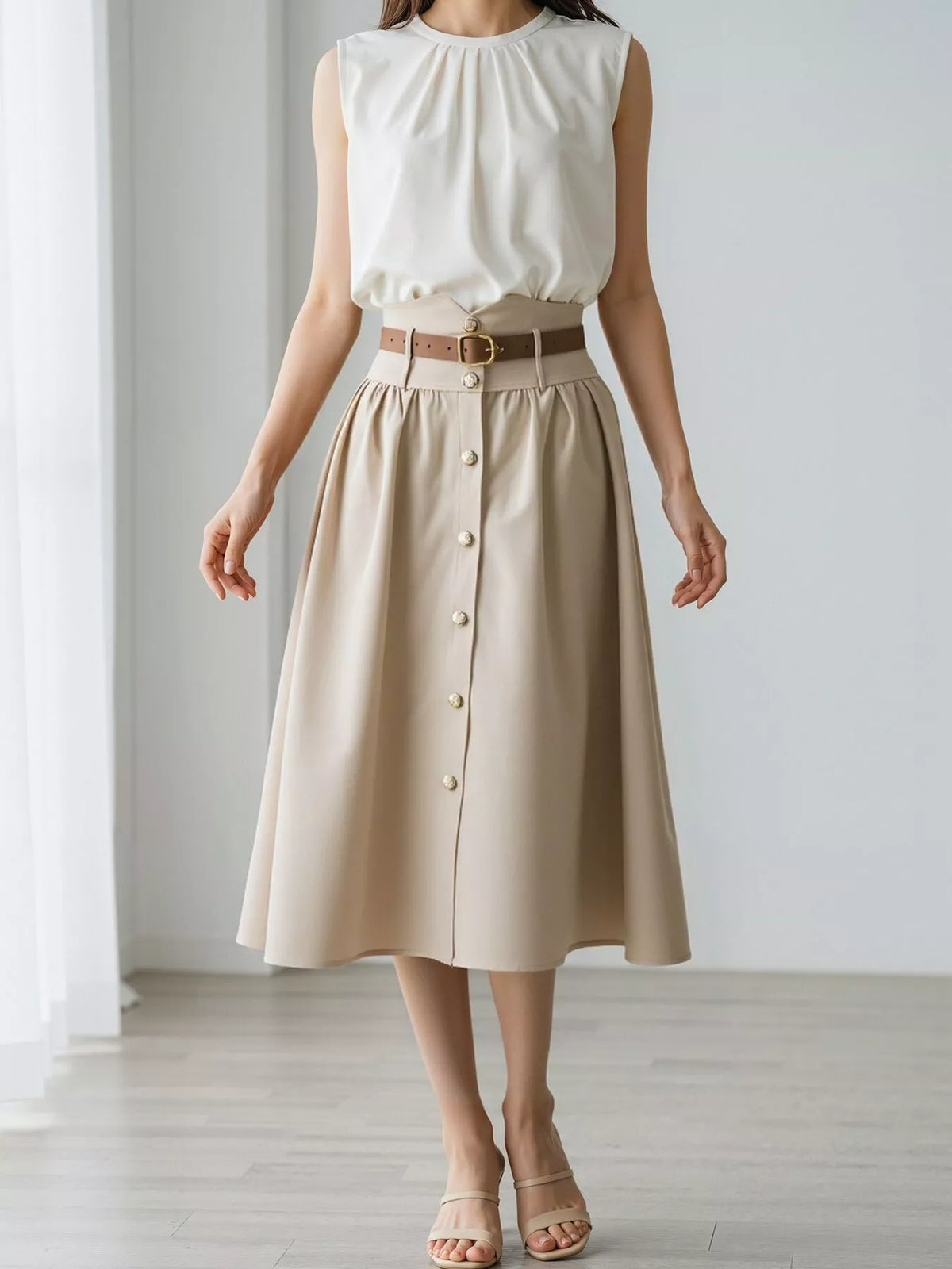 Apricot High-Waisted A-Line Midi Skirt