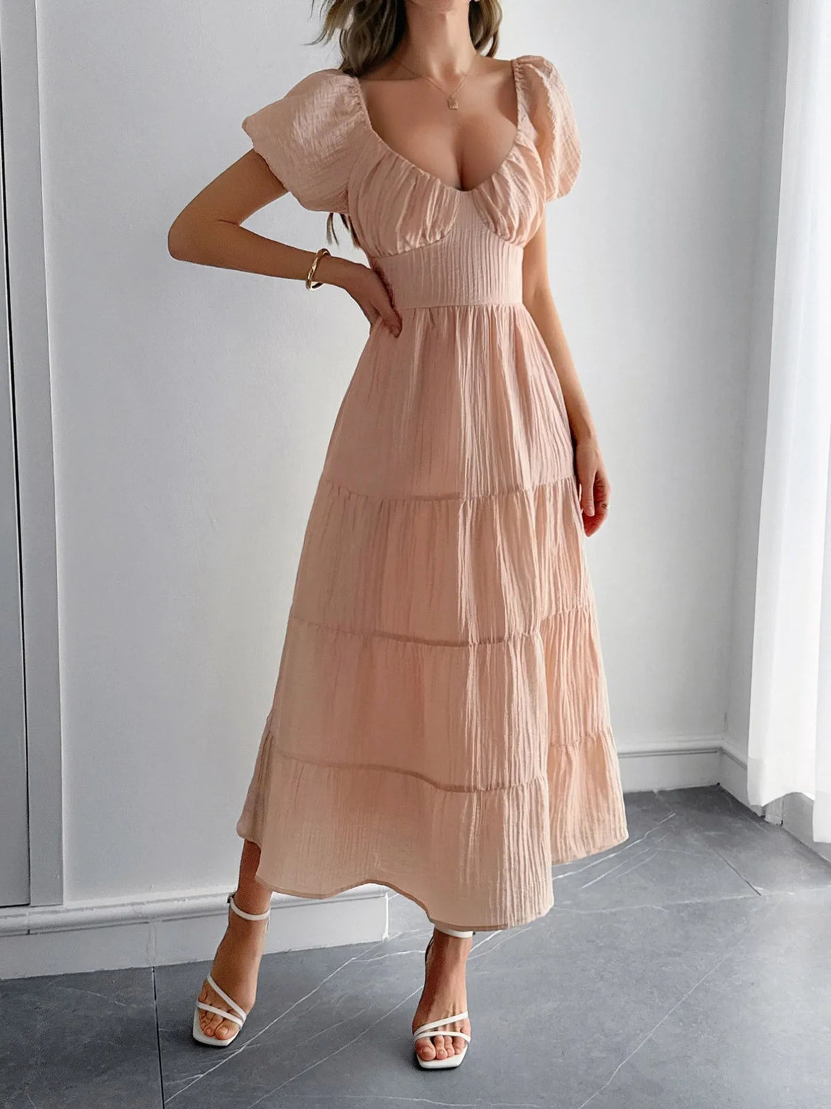 Backless Puff-Sleeve Tiered Midi Dress