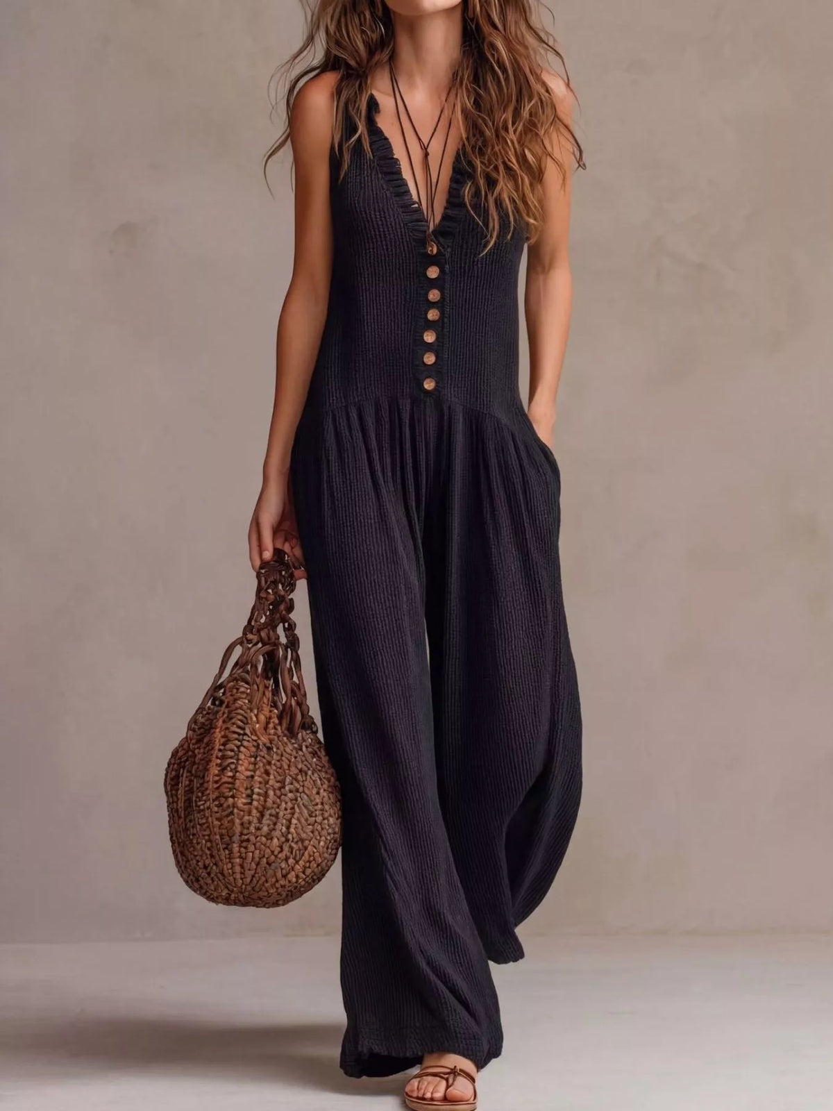 Ruched V-Neck Sleeveless Wide Leg Jumpsuit