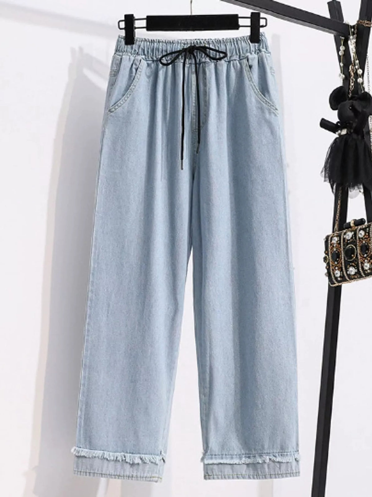 High-Waisted Drawstring Wide-Leg Jeans with Raw Hem