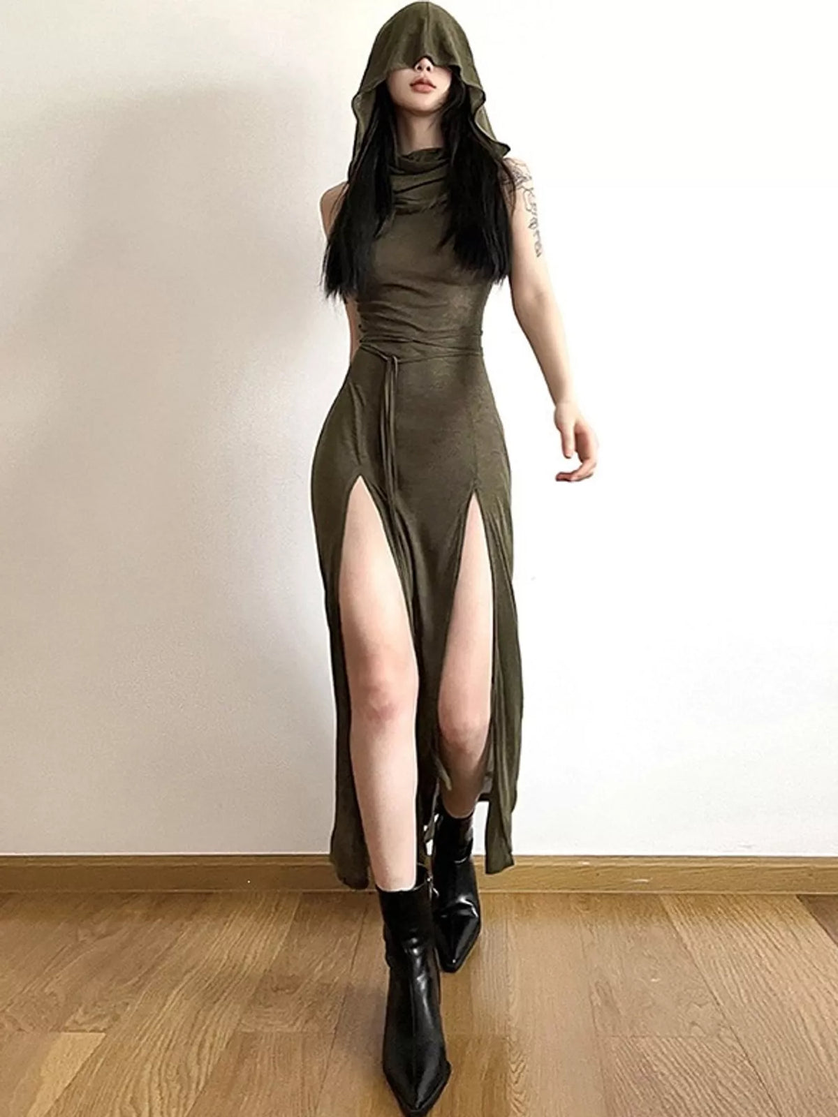 Sleeveless High-Slit Hooded Maxi Dress