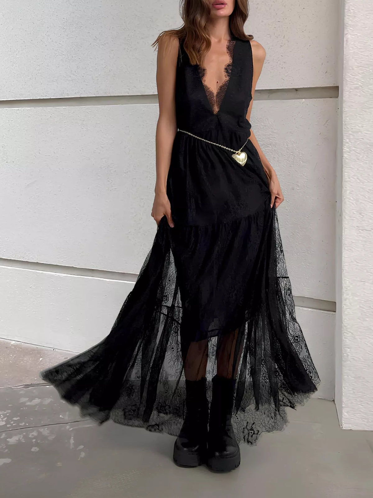Lace Deep V-Neck Backless Maxi Dress
