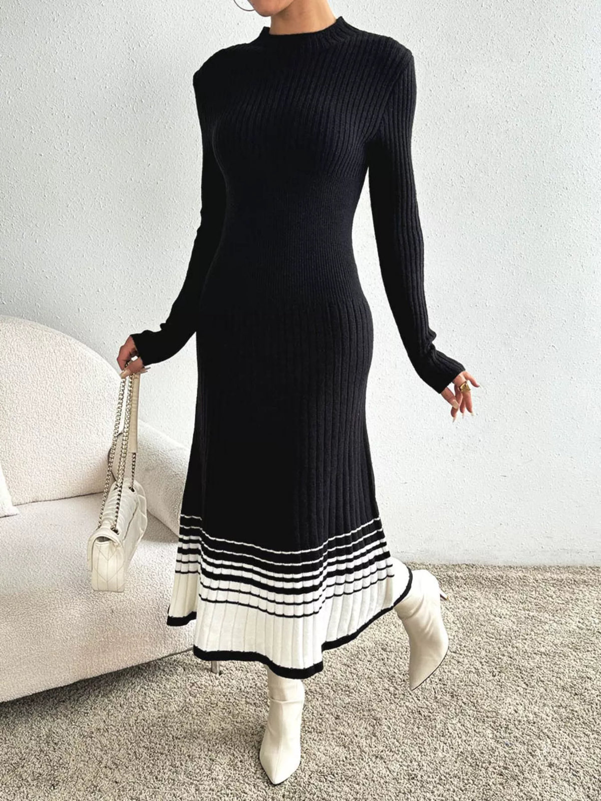 Ribbed Sweater Dress with Striped Hem in Black