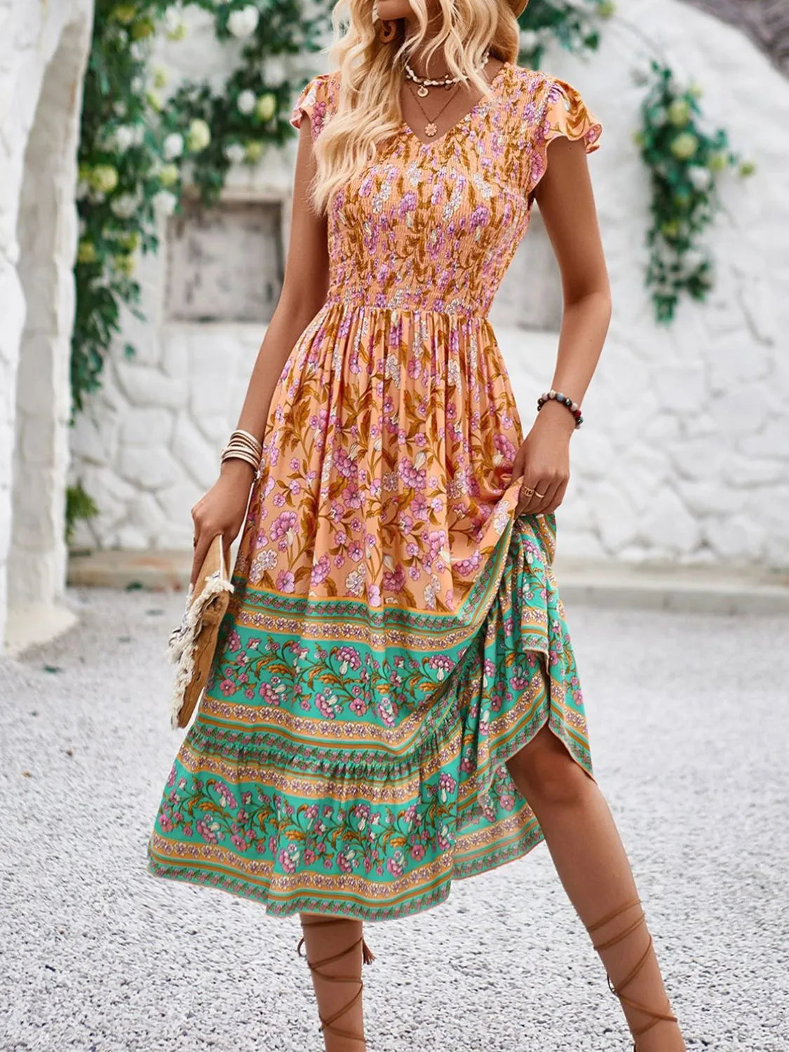Printed Round Neck Cap Sleeve Dress by Golden Gueen