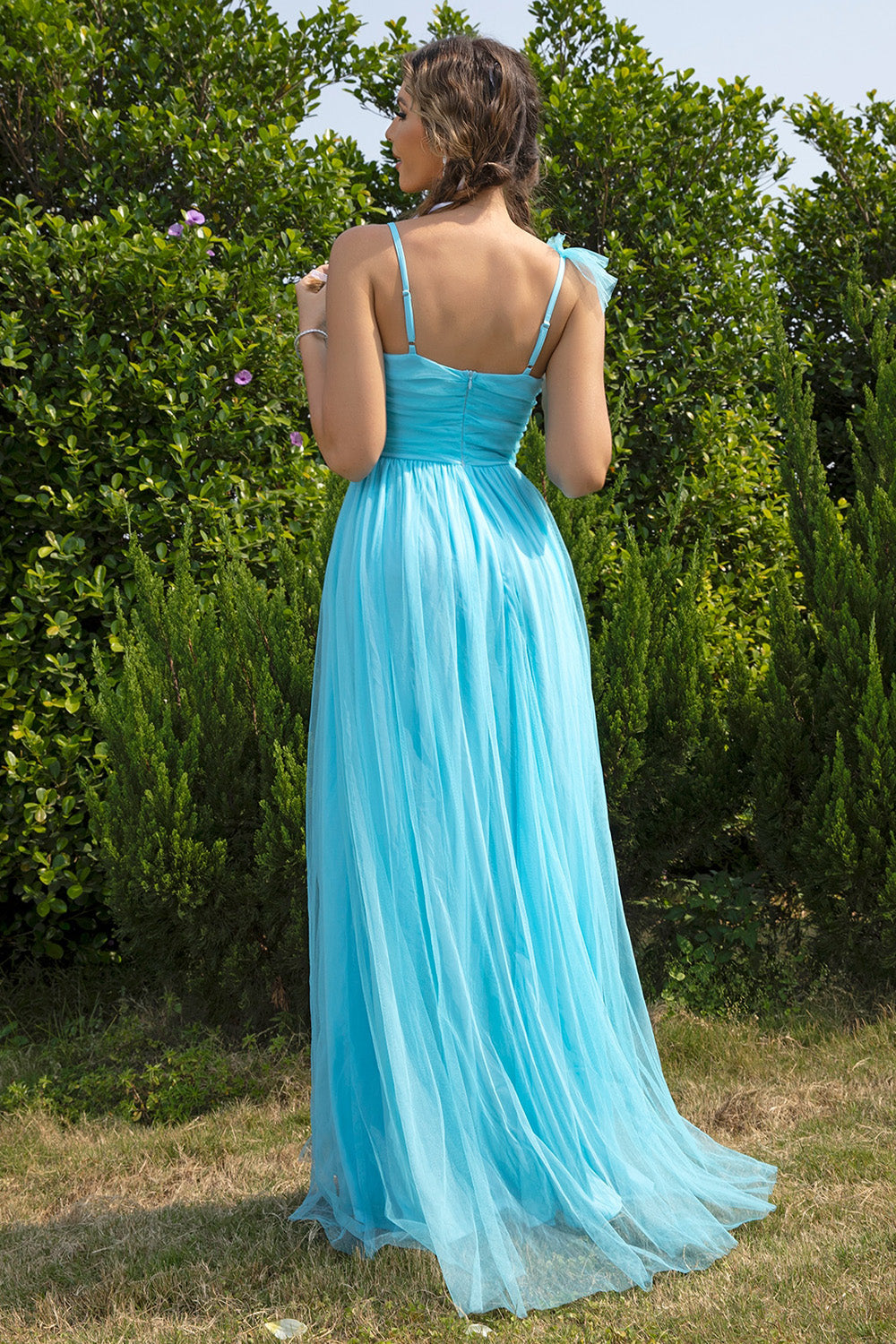 Asymmetrical Ruched Slit Dress in Aqua