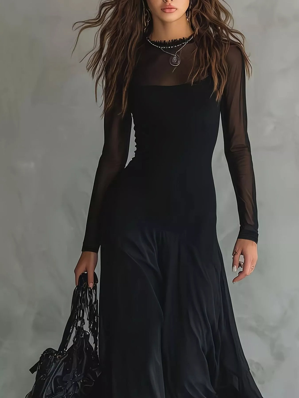 Sheer Mesh Long-Sleeve Maxi Dress in Black