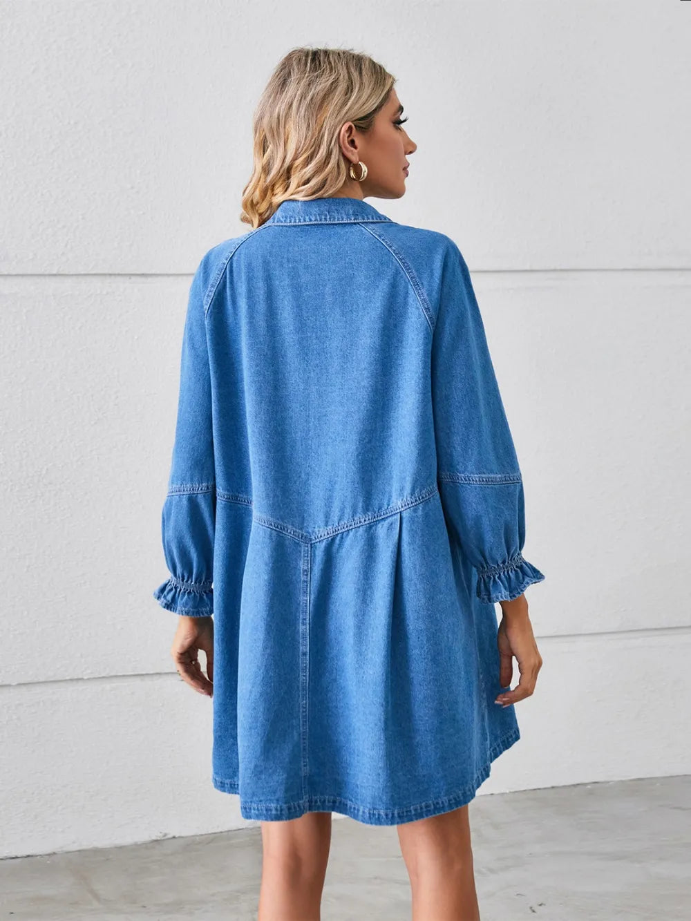Button Up Flounce Sleeve Mini Denim Dress by Manny