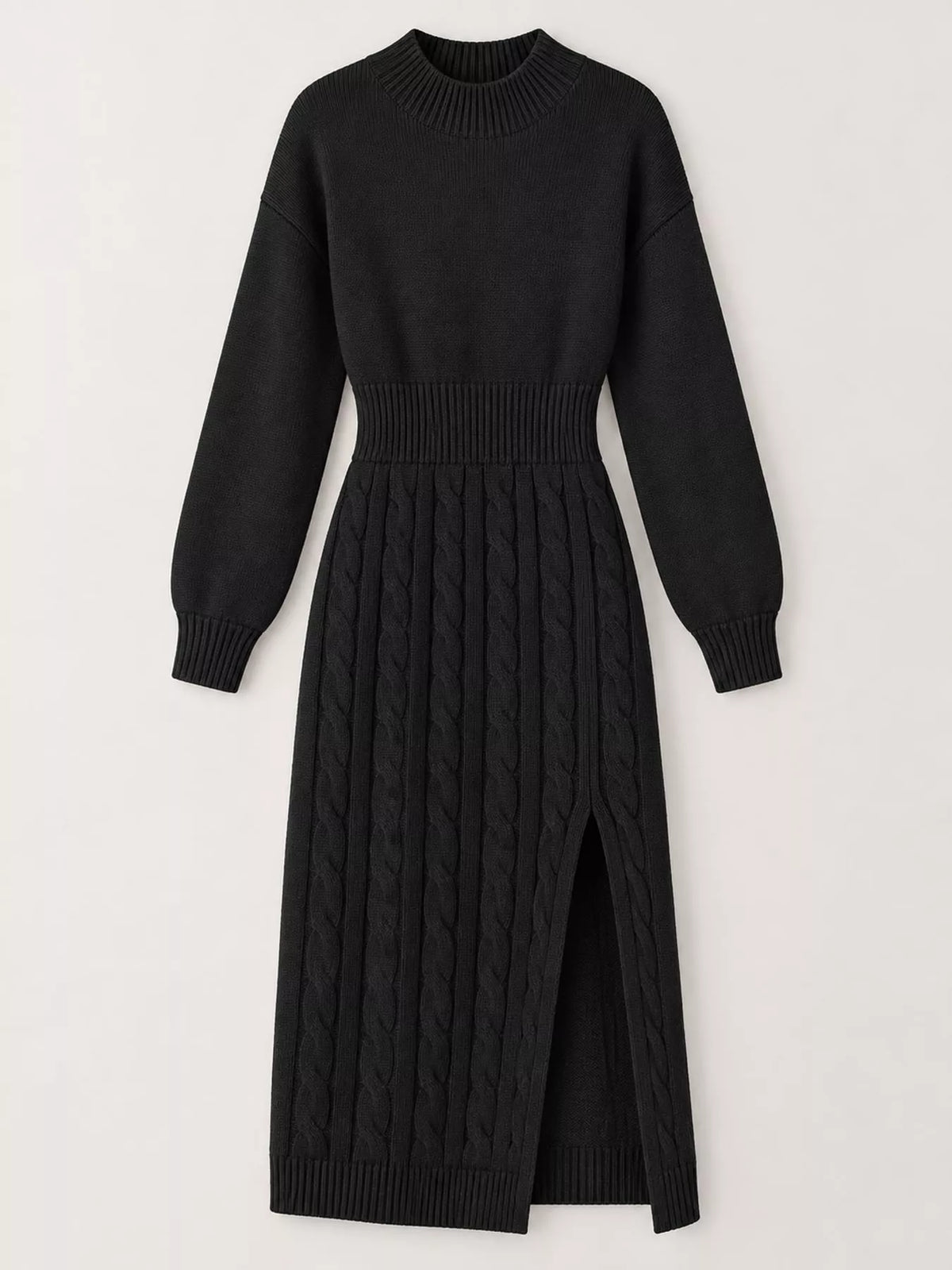 Mock Neck Cable Knit Sweater Dress with Front Slit