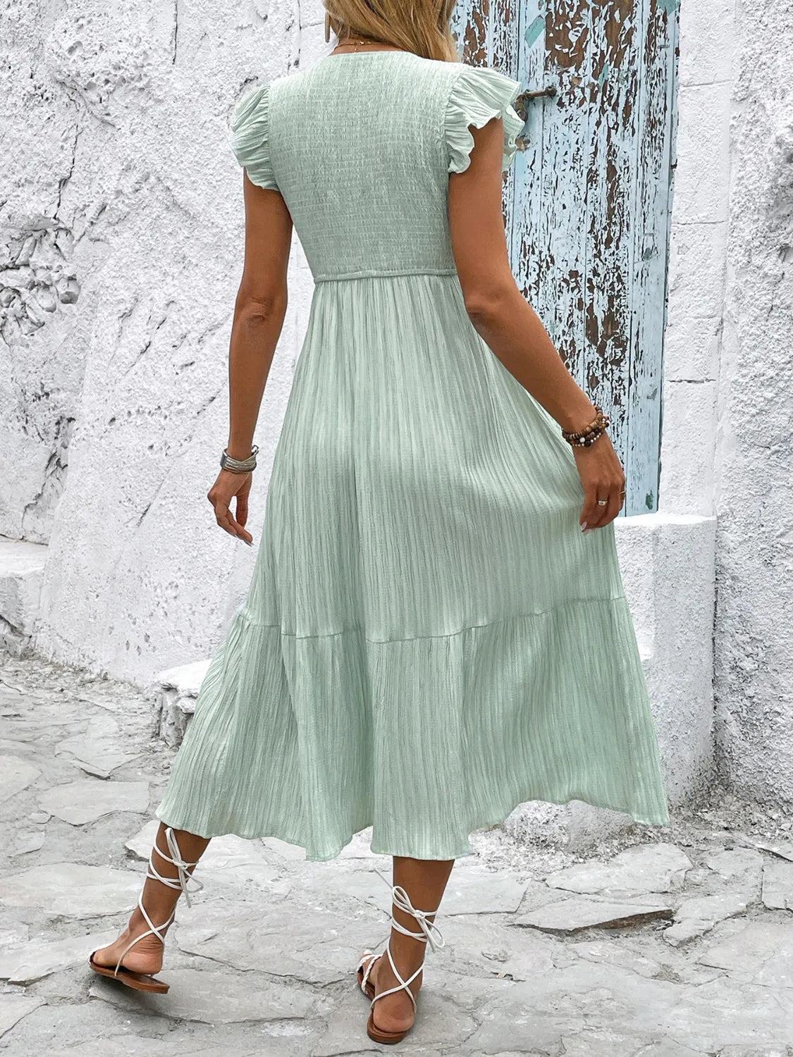 V-Neck Ruffled Cap Sleeve Dress in Light Green