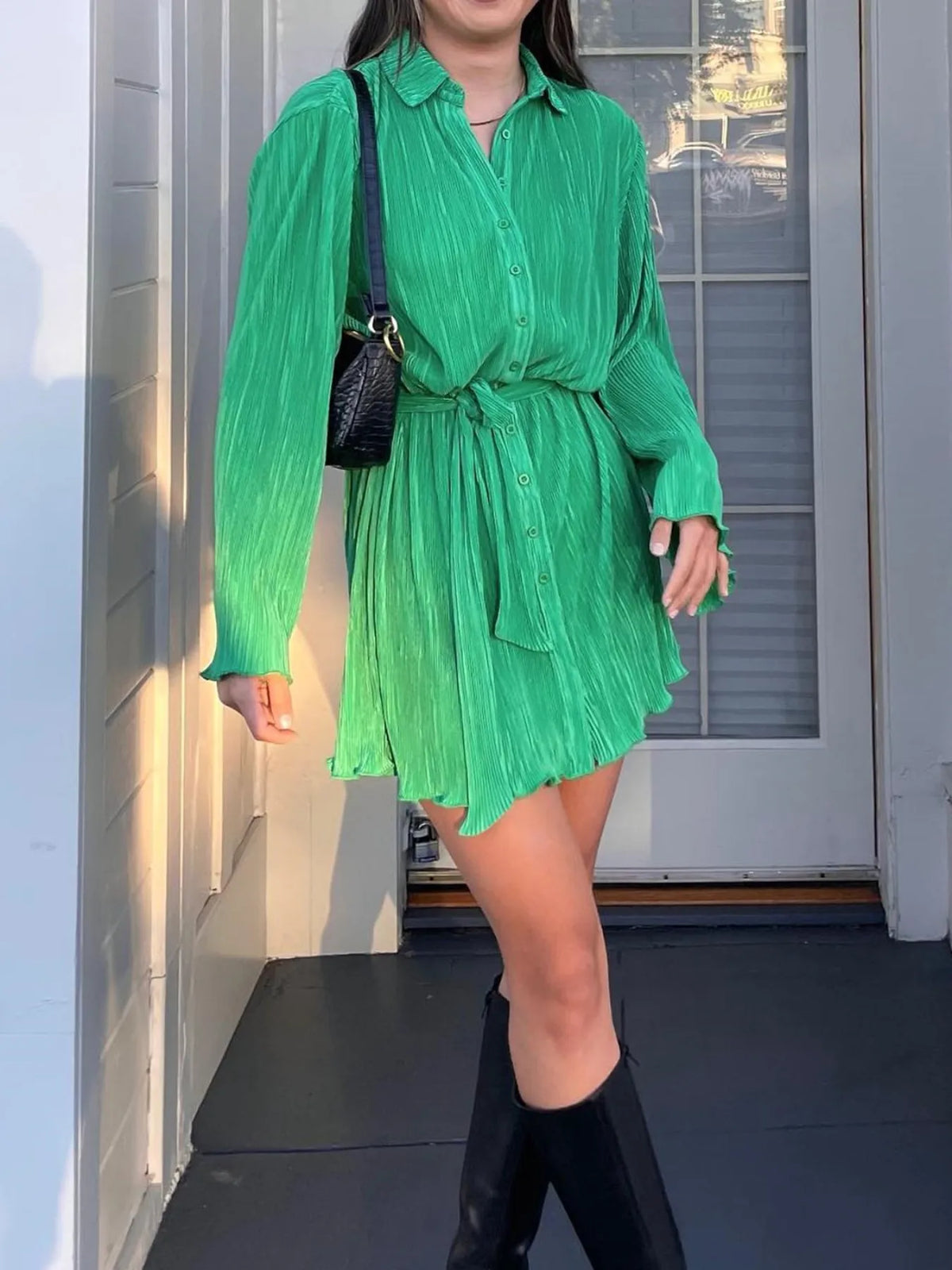 Printed Long-Sleeve Button-Front Mini Dress
