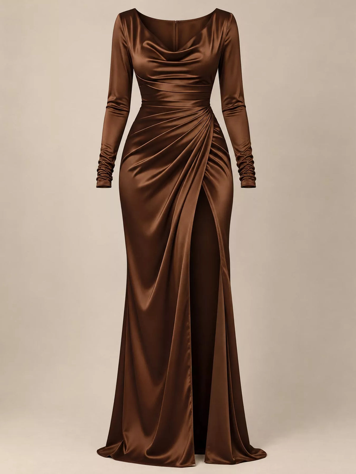 Satin Cowl Neck High-Slit Evening Maxi Dress