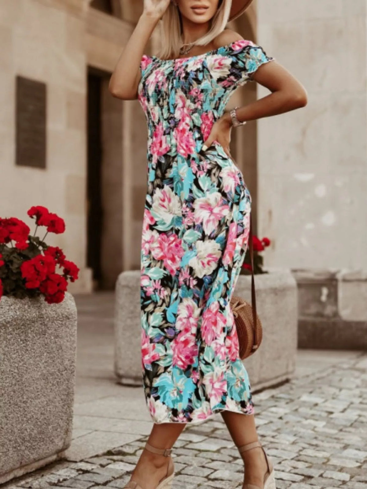 Floral Off-Shoulder Ruched Midi Dress