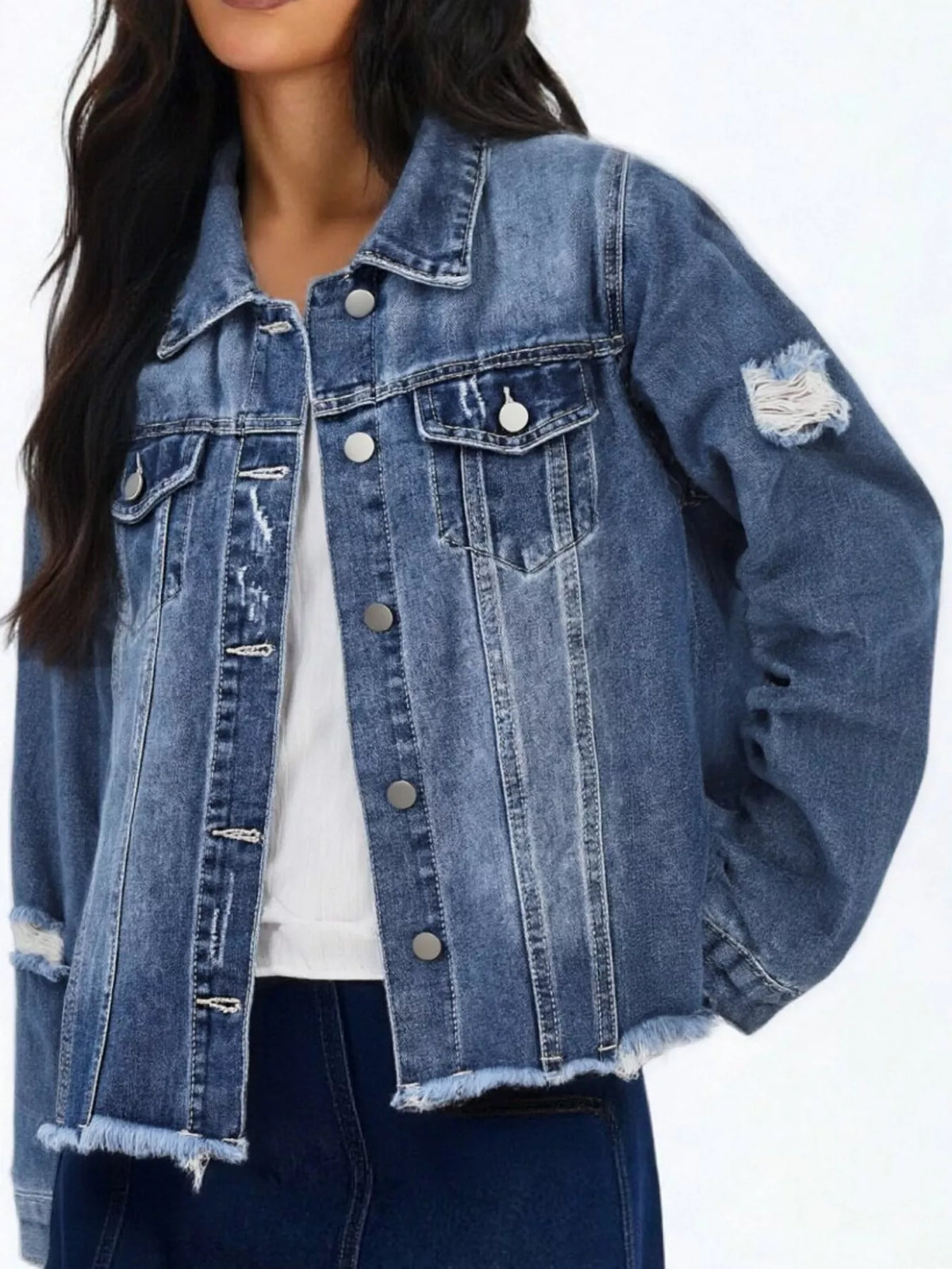 Distressed Raw Hem Denim Jacket