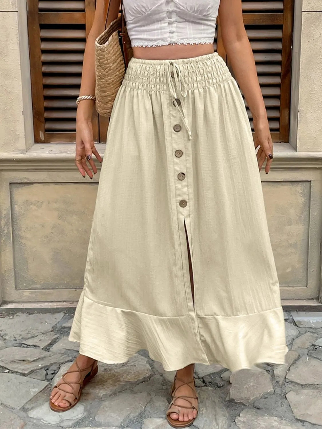 Ruffled Hem Slit Skirt in Beige