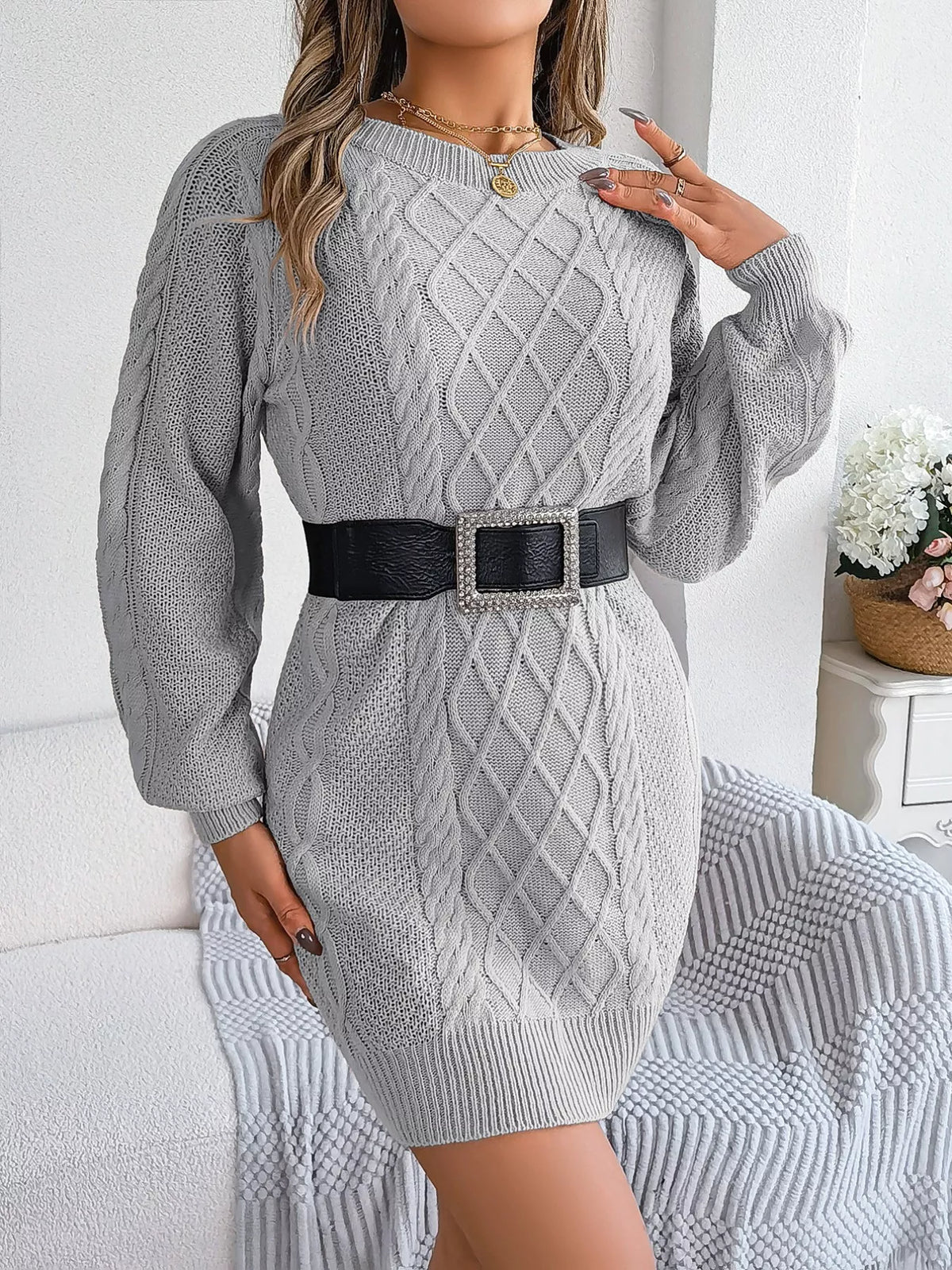 Diamond Cable-Knit Sweater Dress