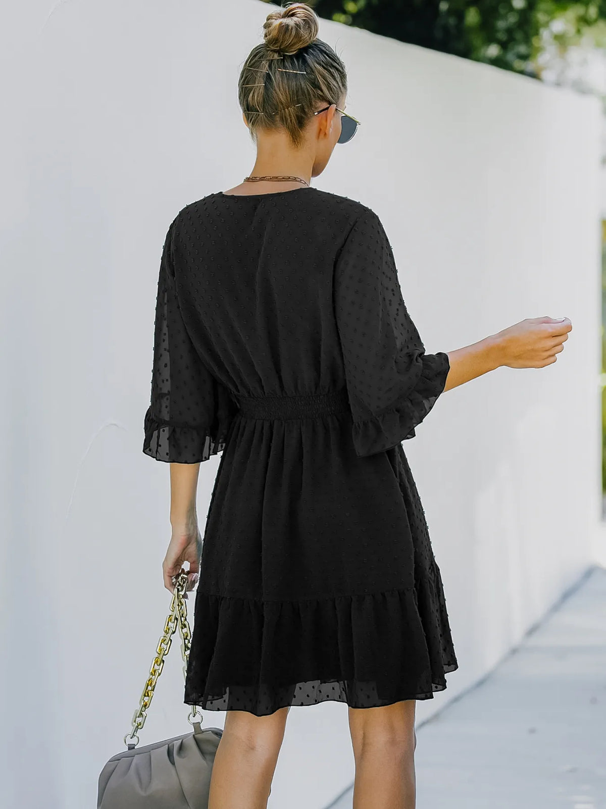 Swiss Dot Flare Sleeve Wrap Dress in Light Blue by Elaine