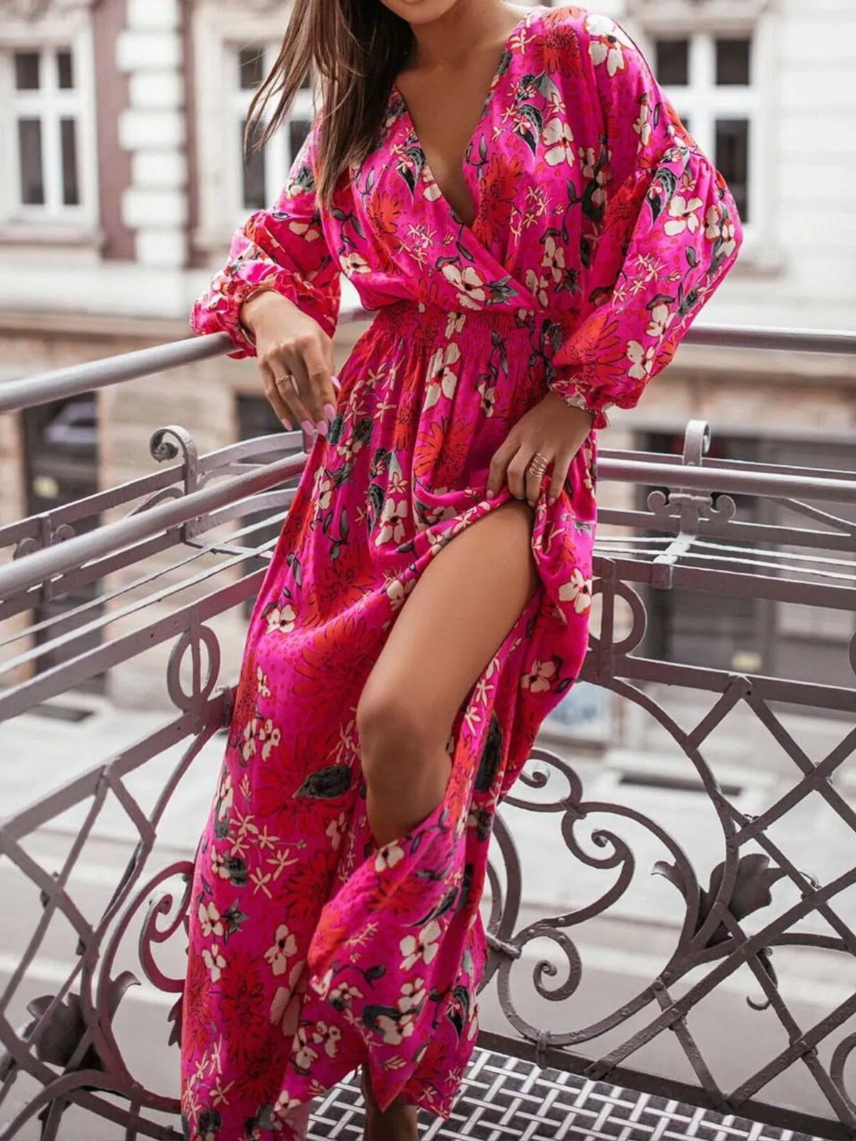 Printed Maxi Dress with Plunging Neckline