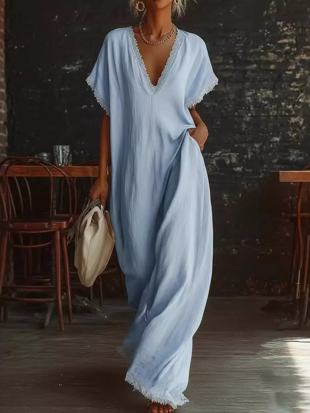 Lace Trim V-Neck Maxi Dress