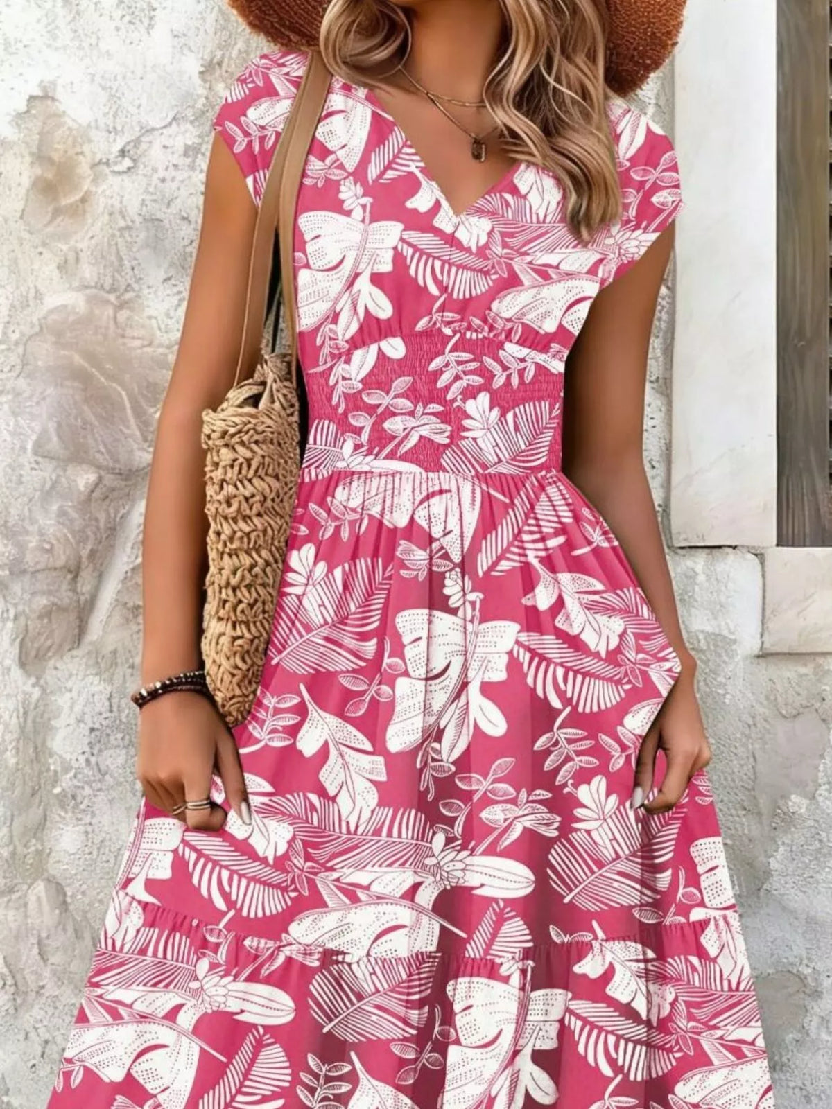 Smocked V-Neck Tiered Maxi Dress