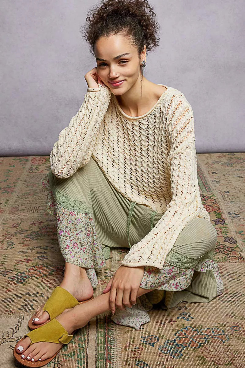 Openwork Round Neck Knit Top in Natural by POL