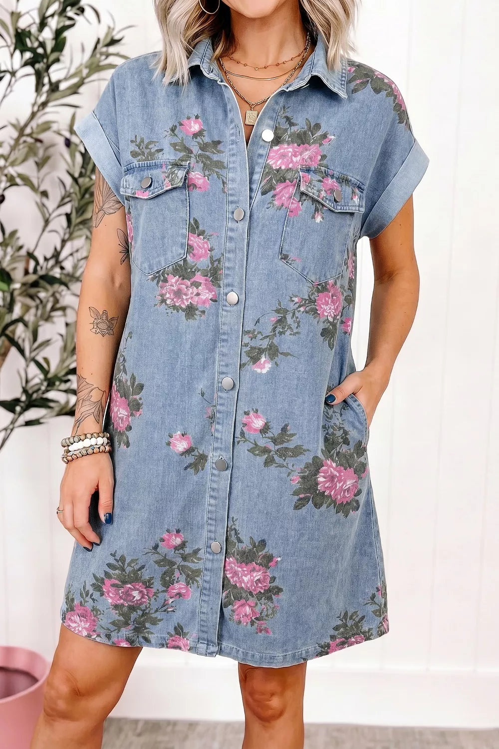 Floral Print Denim Shirt Dress in Medium